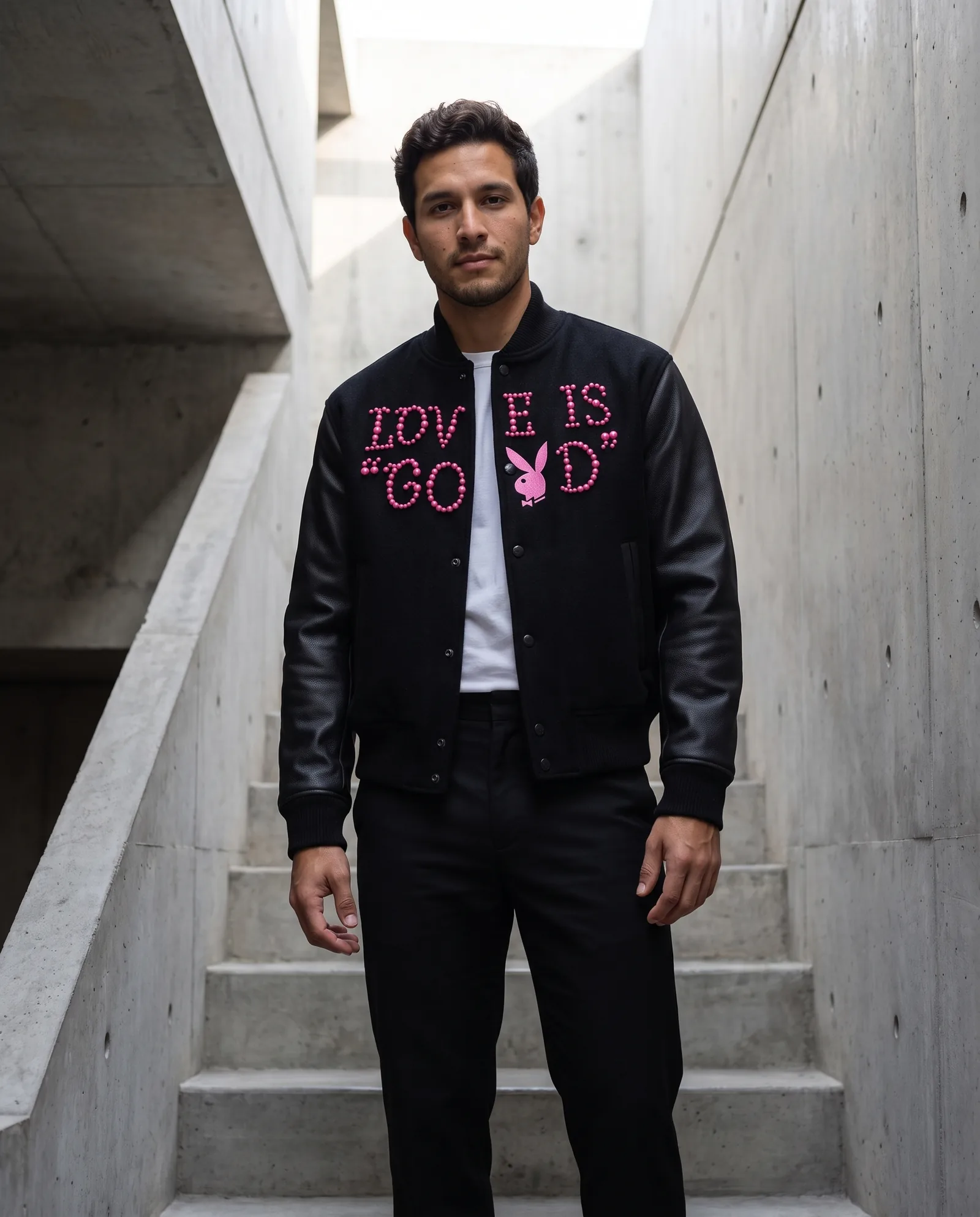 Classic Slogan Pearl-Embellished Baseball Jacket — en modelo