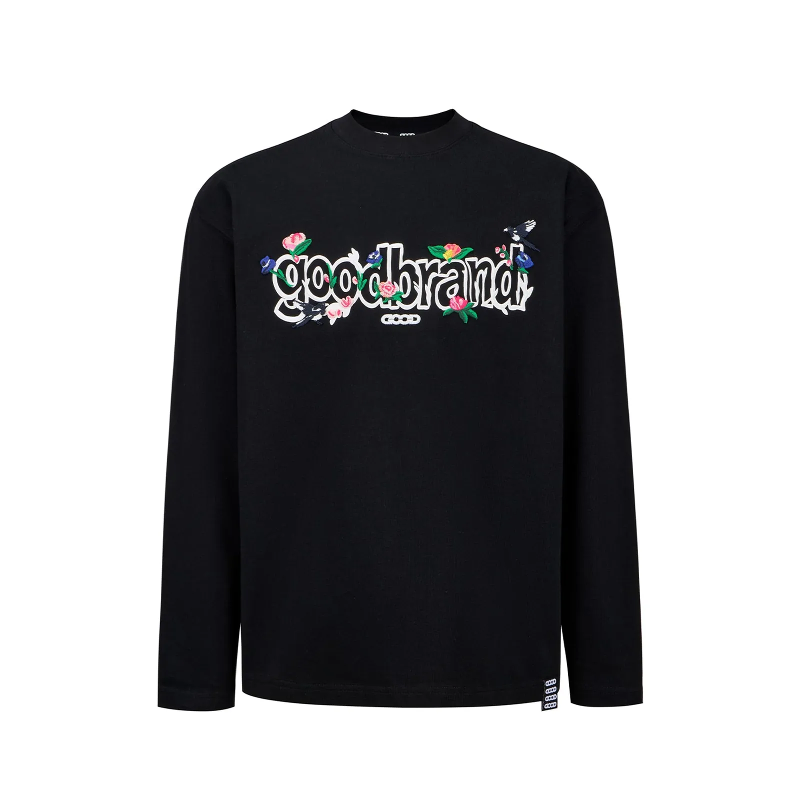Magpie on Branch Embroidery Long Sleeve — Negro