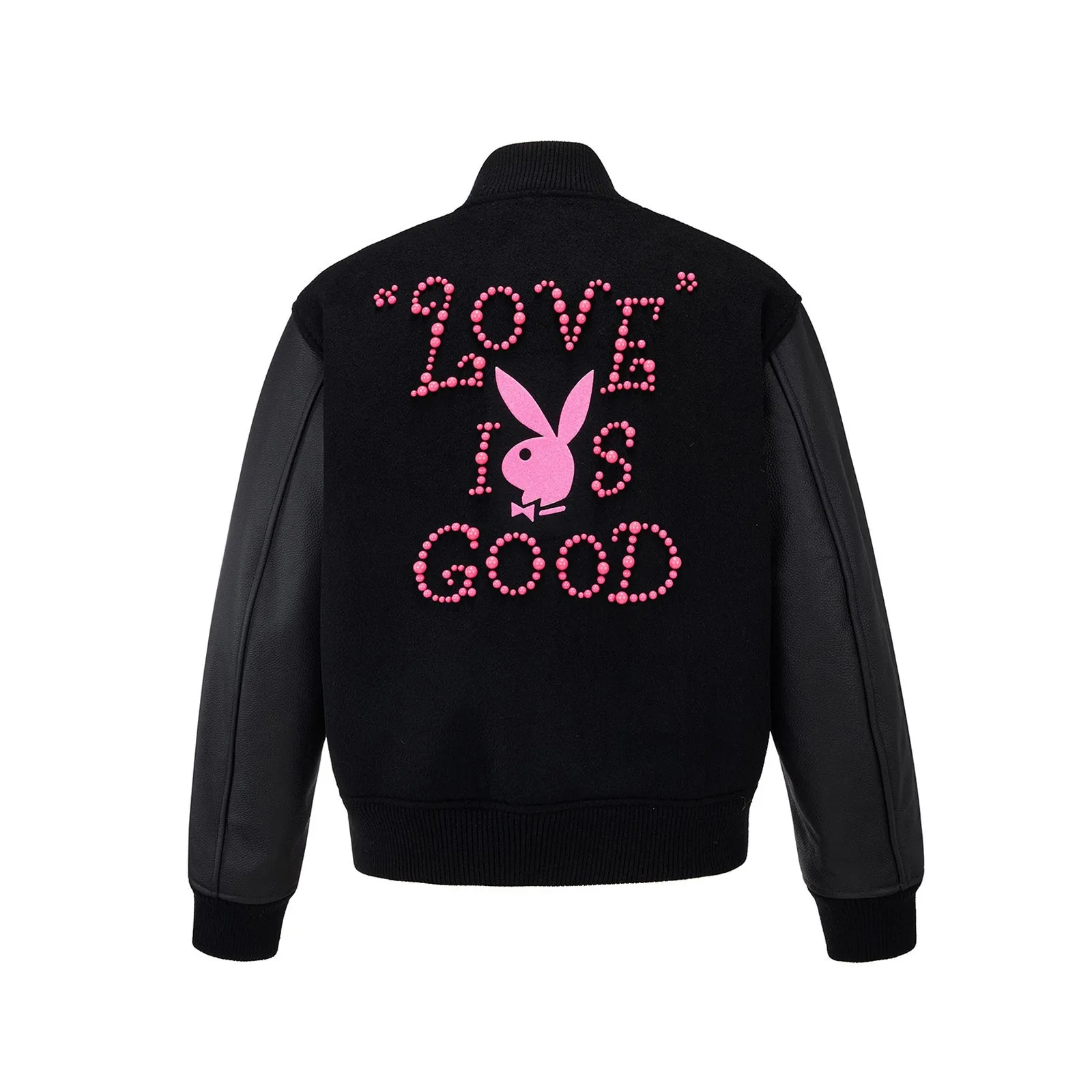 Classic Slogan Pearl-Embellished Baseball Jacket — Negro, vista posterior